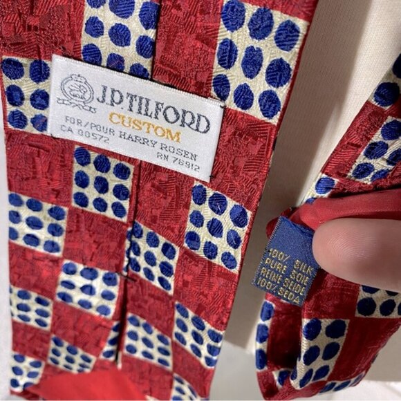 Vintage J.P. Tilford Henry Rosen Red White Blue Square Print 100% Silk Tie - Picture 3 of 11